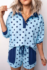 Polka Dot Drop Shoulder Polo Loose Pullover Patch Pocket Casual Shorts Set