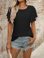 Eyelet Round Neck Flutter Sleeve Top