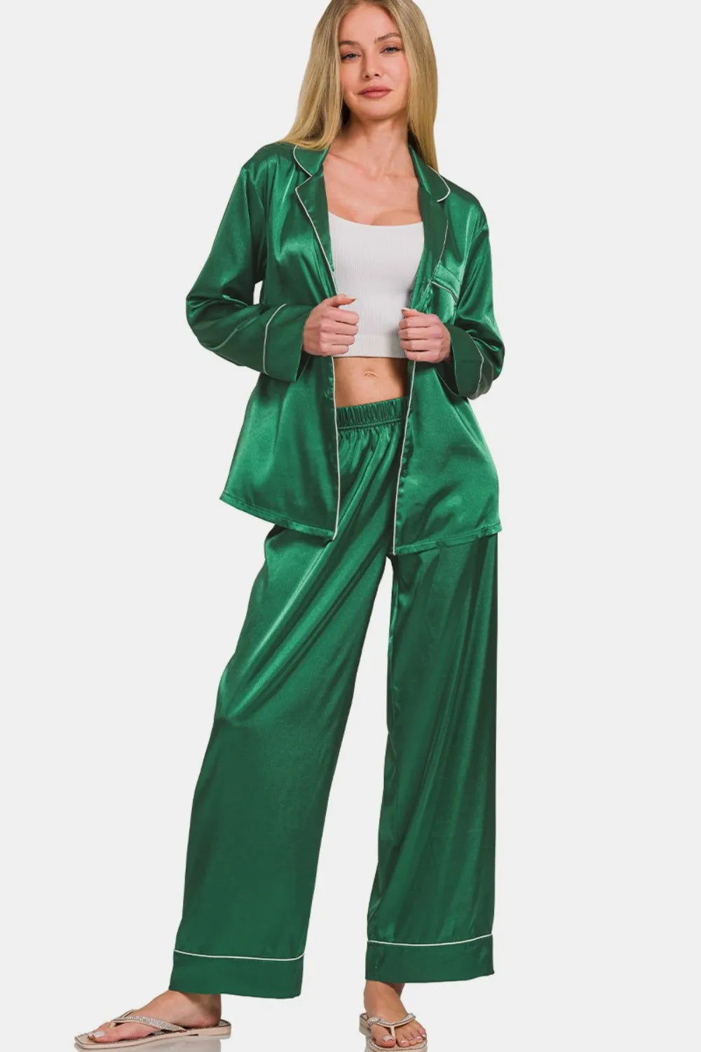 Zenana Satin Long Sleeve Shirt and Pants Pajama Set - Ladyez