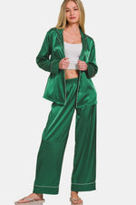 Zenana Satin Long Sleeve Shirt and Pants Pajama Set - Ladyez