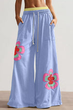 Color Block Flower Patchwork Drawstring Contrasted Elastic Waist Wide Leg Pants