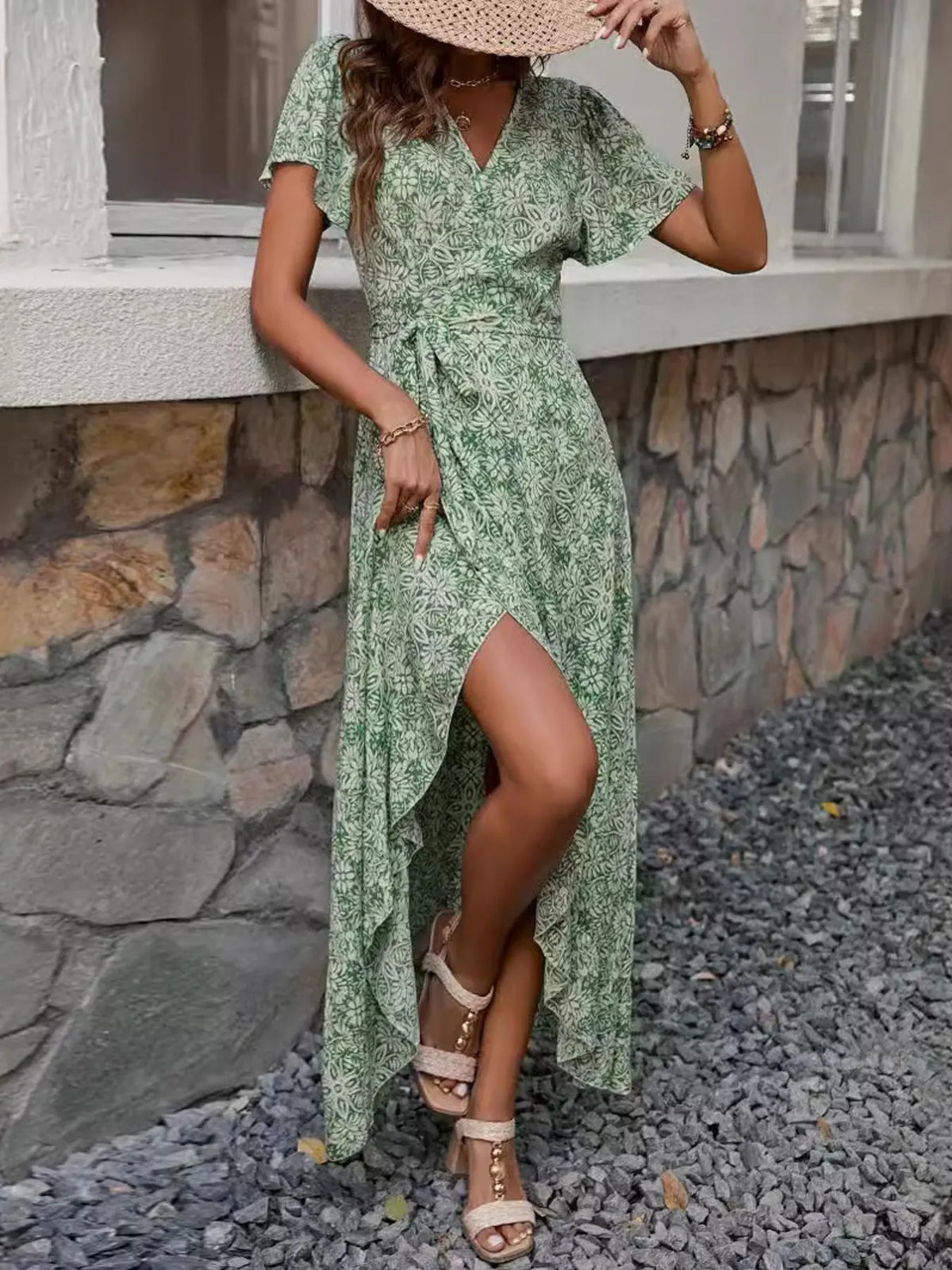 Printed Surplice Maxi Dress with Flutter Sleeves - Ladyez