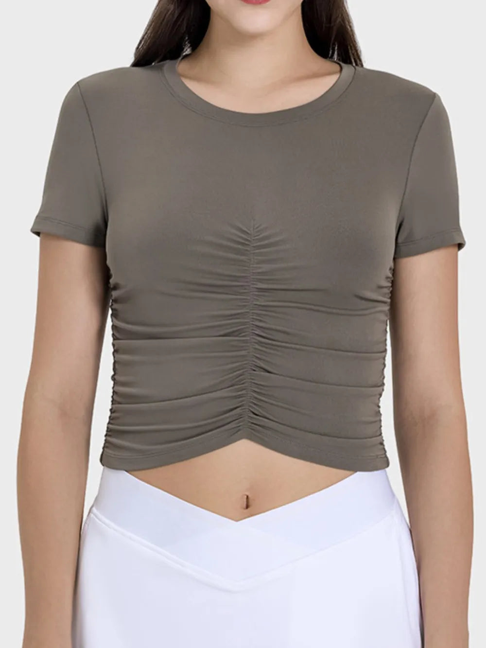 Millennia Ruched Round Neck Short Sleeve Active T-Shirt - Ladyez