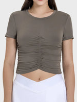 Millennia Ruched Round Neck Short Sleeve Active T-Shirt - Ladyez