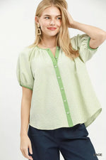 Umgee Checker Puff Sleeve Button Front Blouse