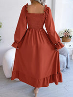 Smocked Square Neck Flounce Sleeve Dress - Ladyez