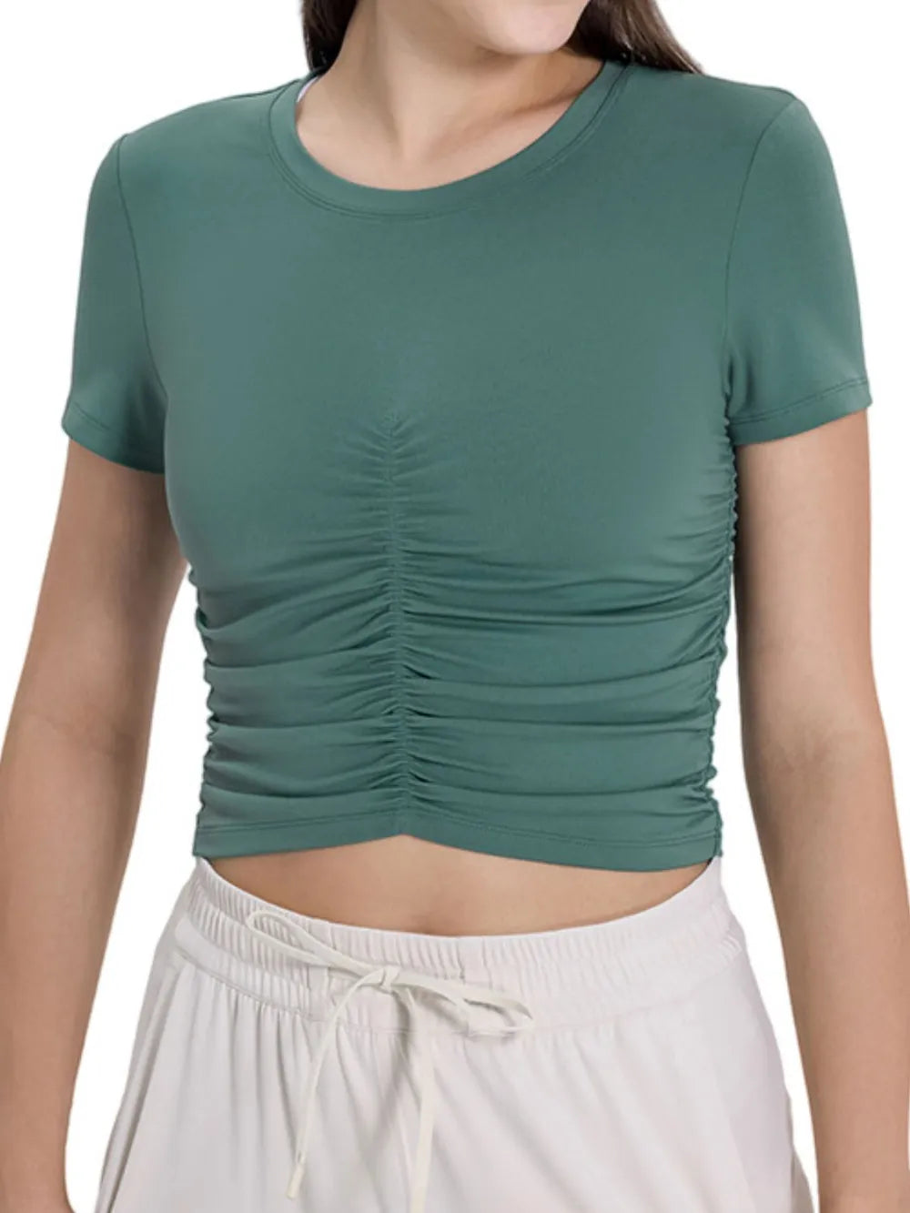 Millennia Ruched Round Neck Short Sleeve Active T-Shirt - Ladyez