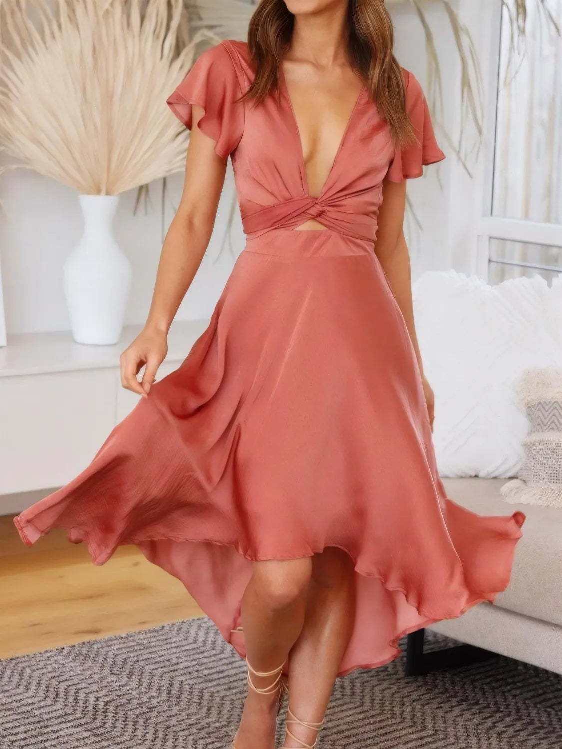 High-Low Plunge Flutter Sleeve Dress - Ladyez