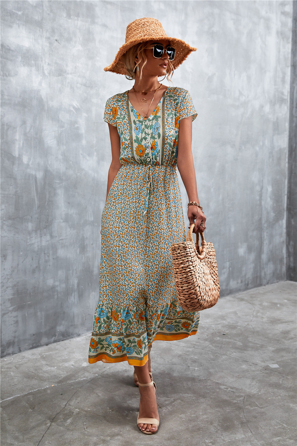 V-Neck Short Sleeve Printed Maxi Dress - Ladyez