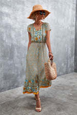 V-Neck Short Sleeve Printed Maxi Dress - Ladyez