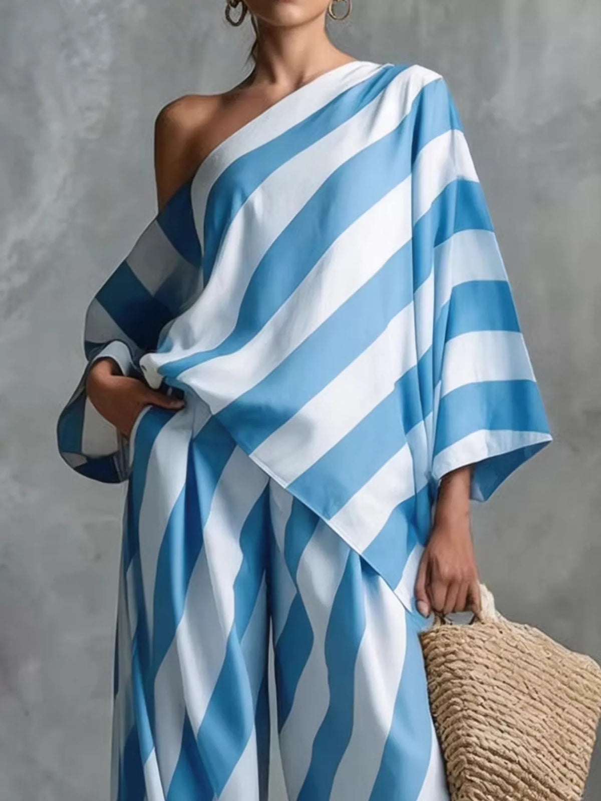 Full Size One-Shoulder Striped Top and Wide-Leg Pants Set Plus Size