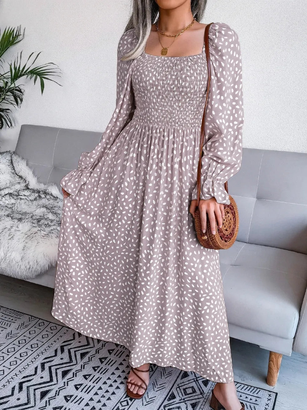 Smocked Square Neck Flounce Sleeve Dress - Ladyez