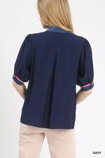 Umgee Embroidered Puff Sleeve Contrast Trim Top