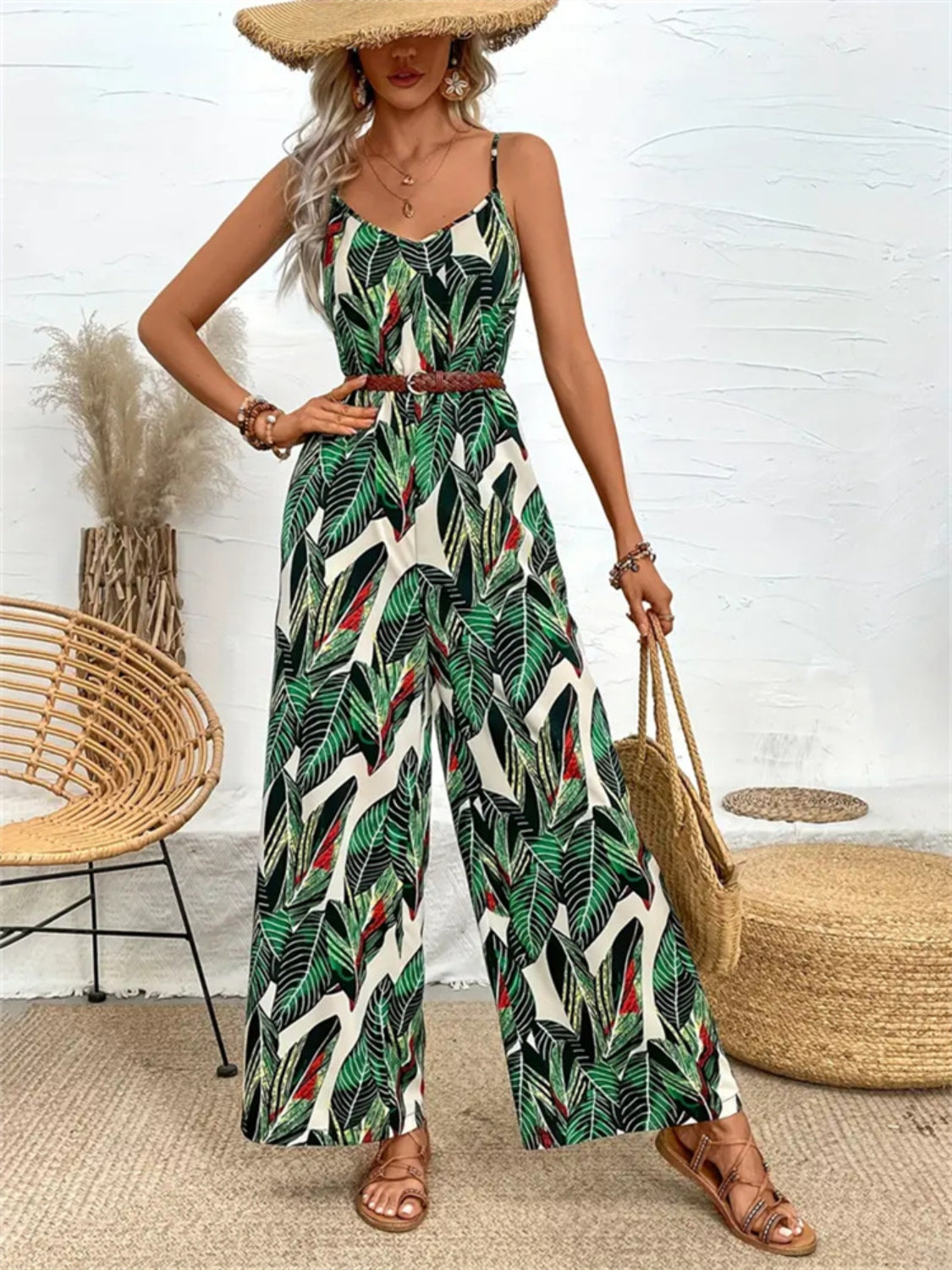 Tropical Print Spaghetti Strap Wide Leg Jumpsuit - Ladyez