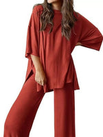 Slit Round Neck Top and Pants Set