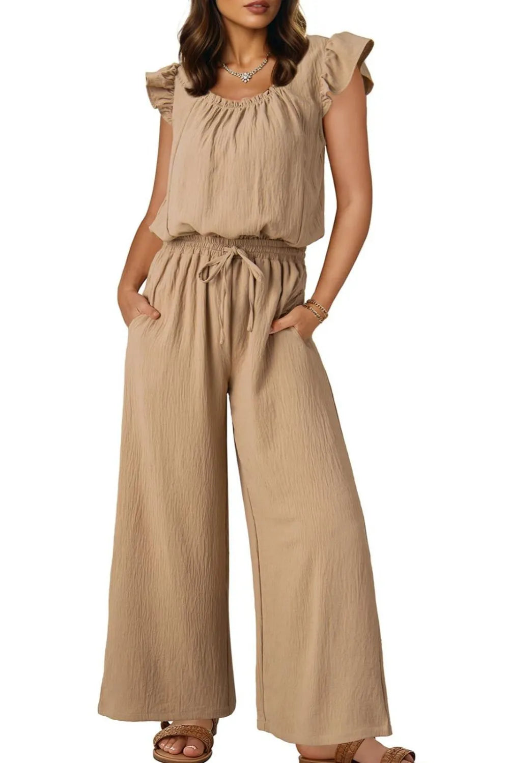 Ruffled Cap Sleeve Wide Leg Jumpsuit - Ladyez