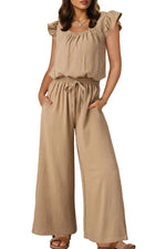 Ruffled Cap Sleeve Wide Leg Jumpsuit - Ladyez