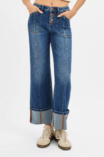 RISEN Full Size High Rise Crop Wide Straight Cuffed Jeans Plus Size
