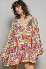 POL Striped Floral Long Sleeve Mini Dress with Pintuck Detail