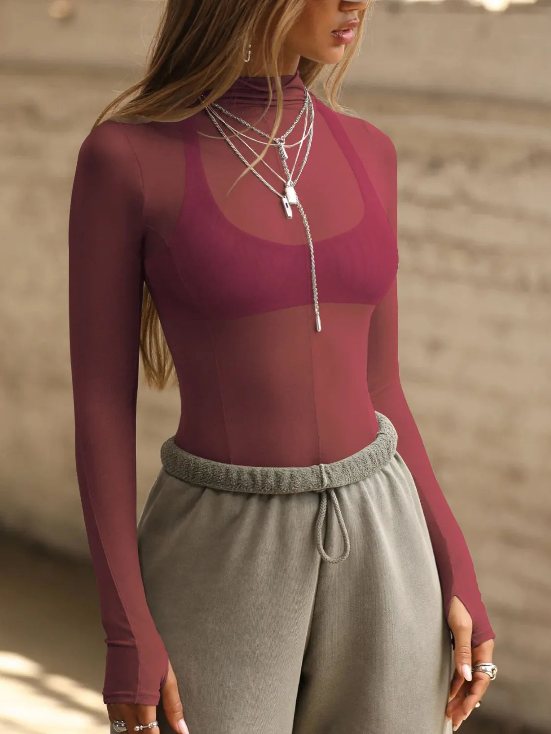 Mock Neck Long Sleeve Sheer Top - Ladyez