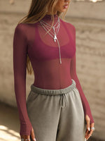 Mock Neck Long Sleeve Sheer Top - Ladyez
