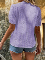 Full Size Eyelet V-Neck Short Sleeve Blouse Plus Size