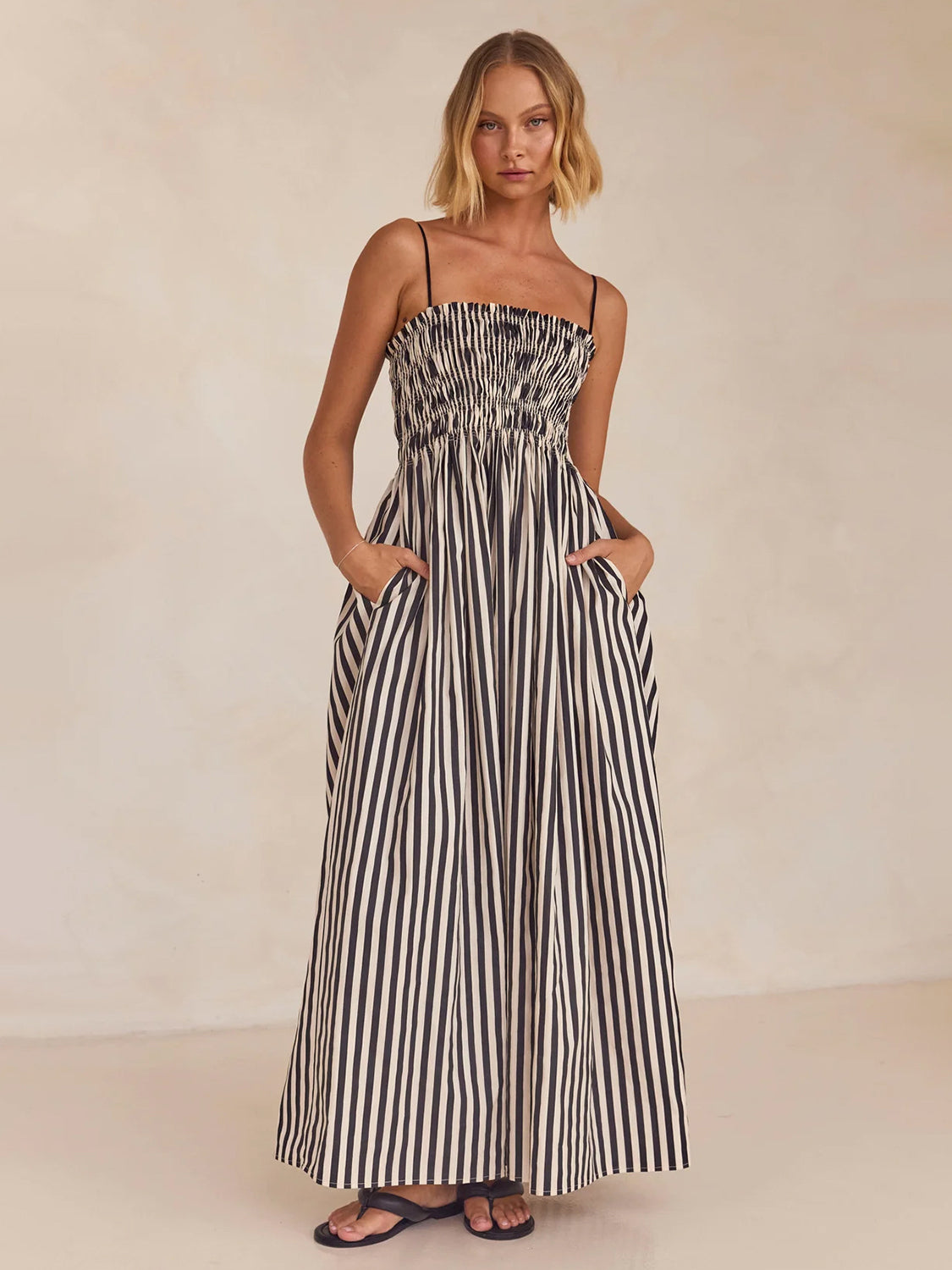 Smocked Striped Square Neck Cami Dress - Ladyez