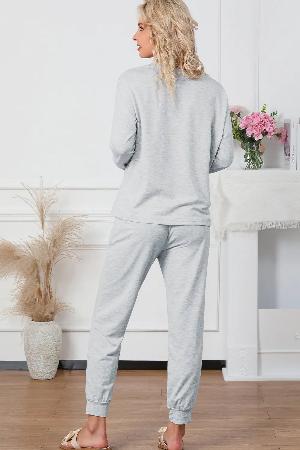 Round Neck Top and Drawstring Pants Lounge Set - Ladyez