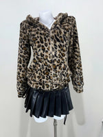 Leopard Plush Zip-Up Hooded Outerwear