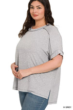 Zenana Full Size Soft Melange Hacci Short Sleeve Hi-low Tee Plus Size