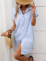 Striped Button Down Short Sleeve Mini Dress - Ladyez