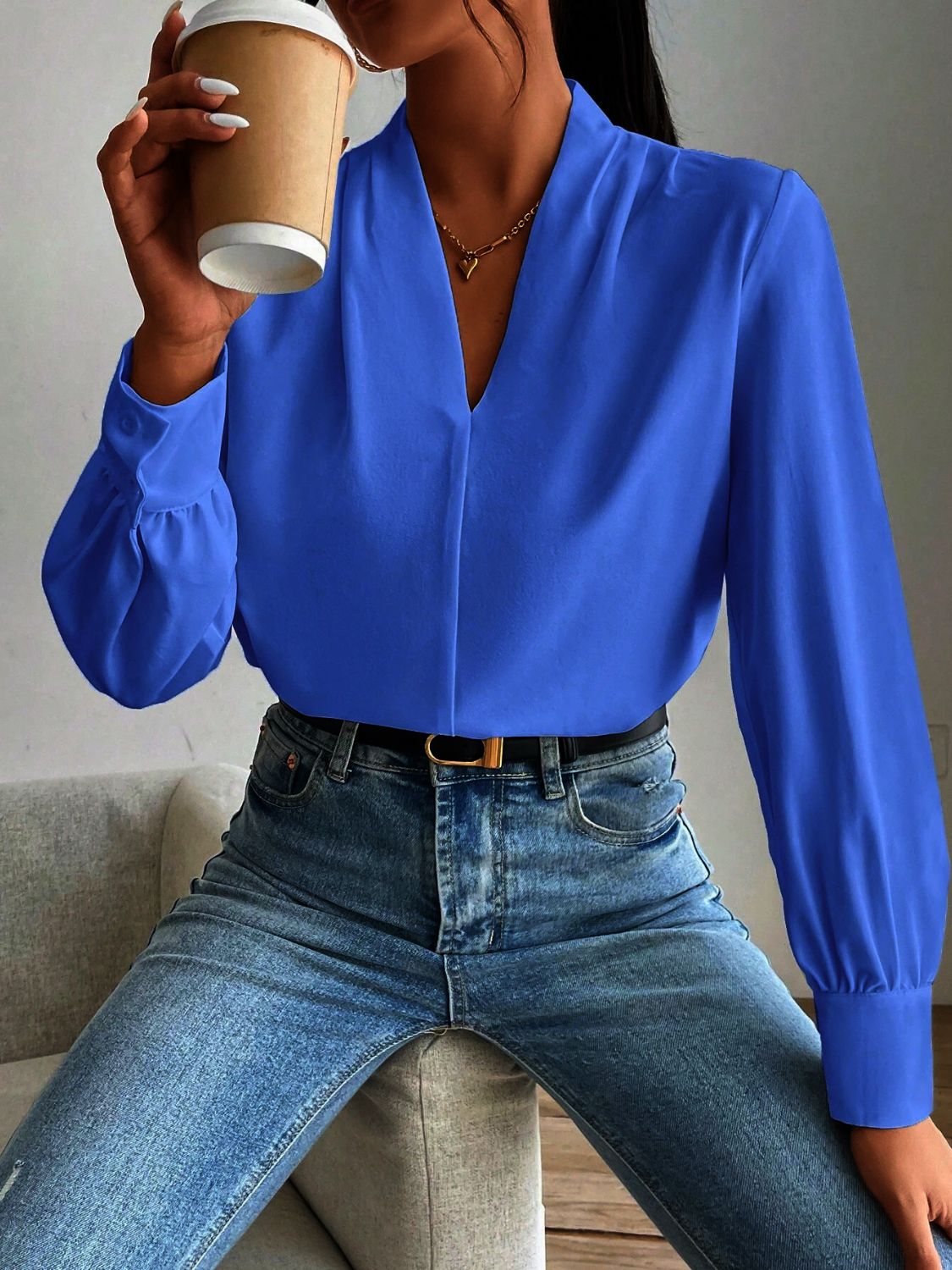 V Neck Long Sleeve Top - Ladyez