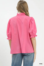 Umgee Textured Check Ruffle V-Neck Blouse