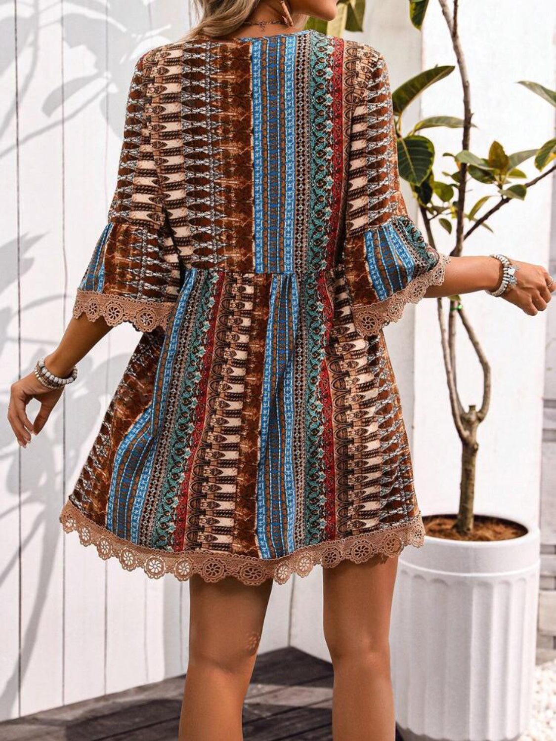 Lace Trim Printed V-Neck 3/4 Sleeve Dress - Ladyez