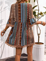 Lace Trim Printed V-Neck 3/4 Sleeve Dress - Ladyez