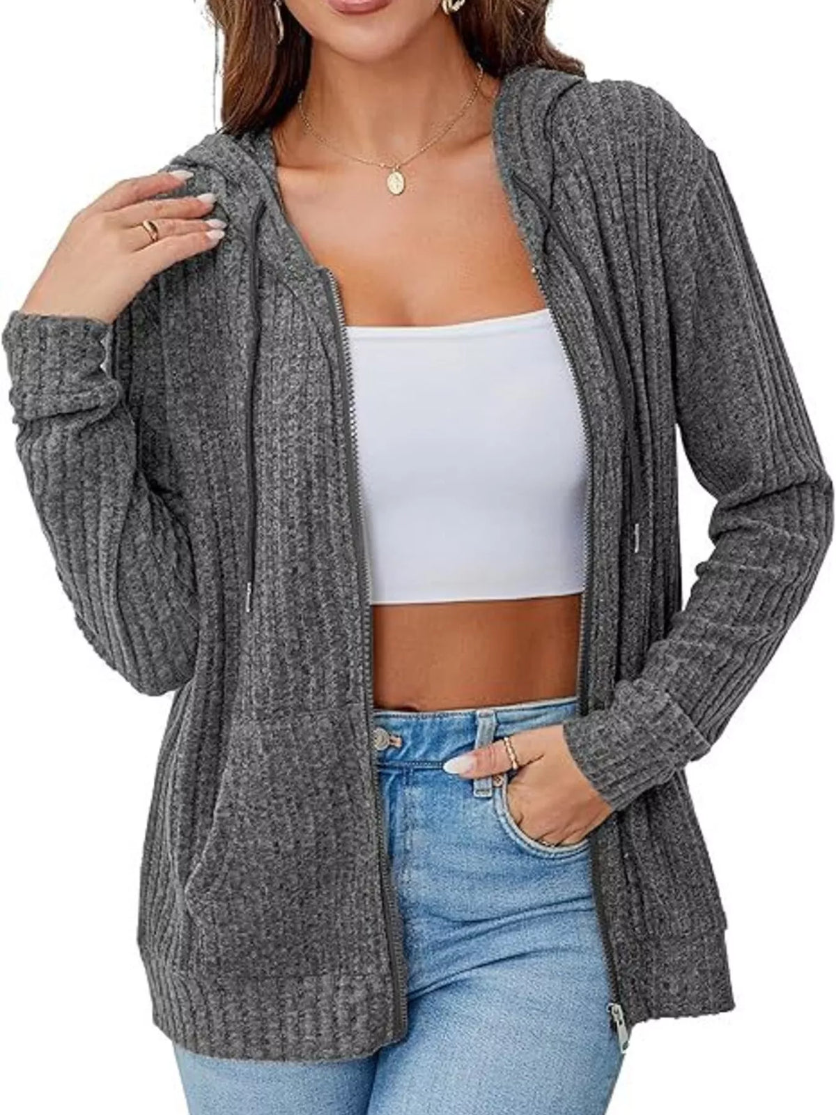 Ribbed Zip Up Hooded Outerwear