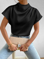Mock Neck Short Sleeve Satin Blouse - Ladyez