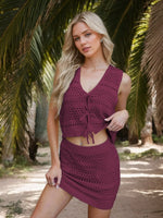 Openwork V-Neck Top and Skirt Knit Cover Up Set