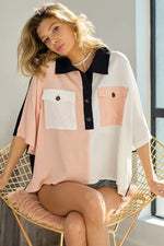 BiBi Color Block Quarter Neck Short Dolan Sleeve Top