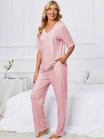 Printed V-Neck Top and Pants Lounge Set - Ladyez