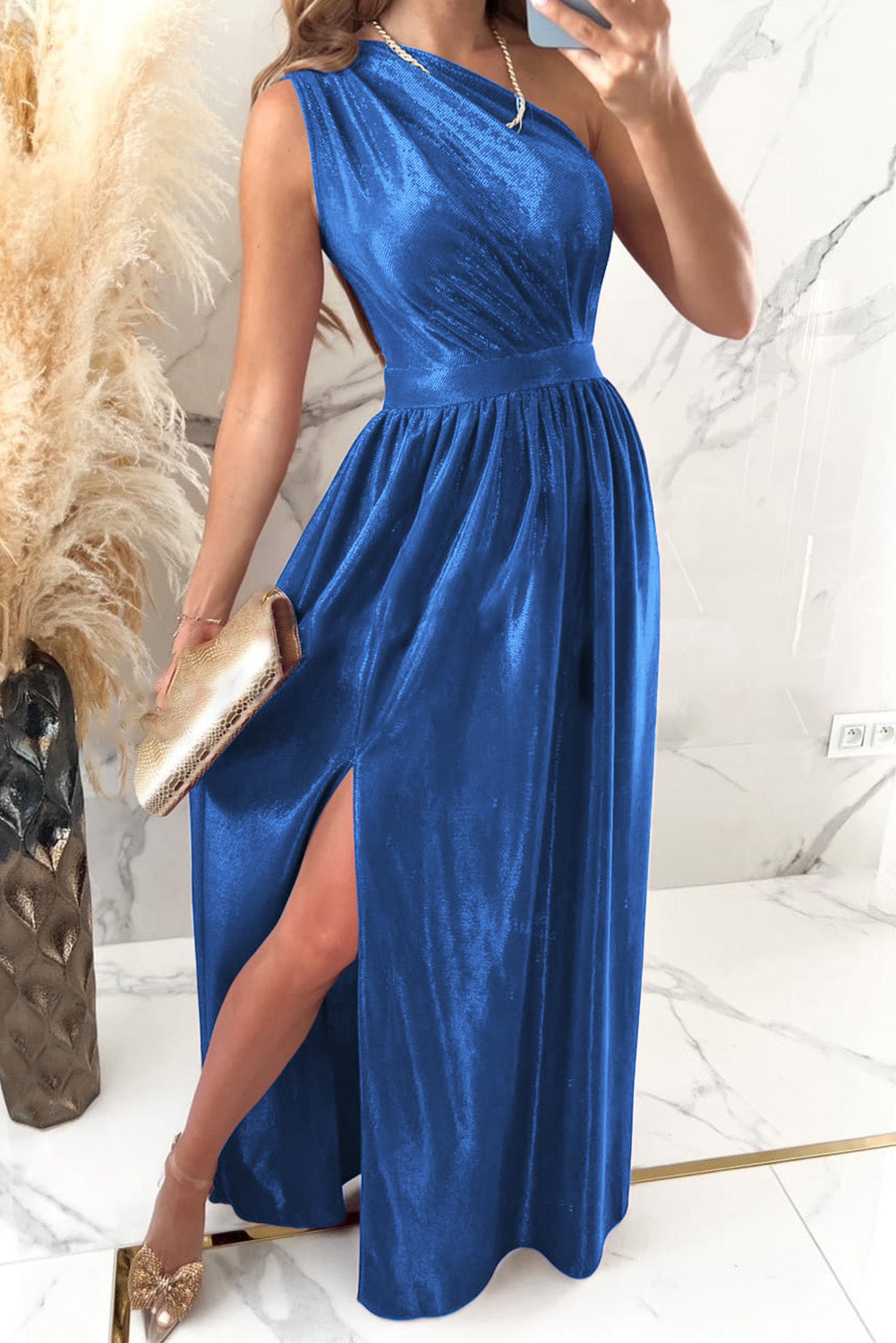 One Shoulder Slit Ruched Maxi Dress - Ladyez