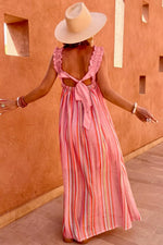 Stripe Ruffled Straps Ribbon Knot Flowy Vacation Maxi Dress