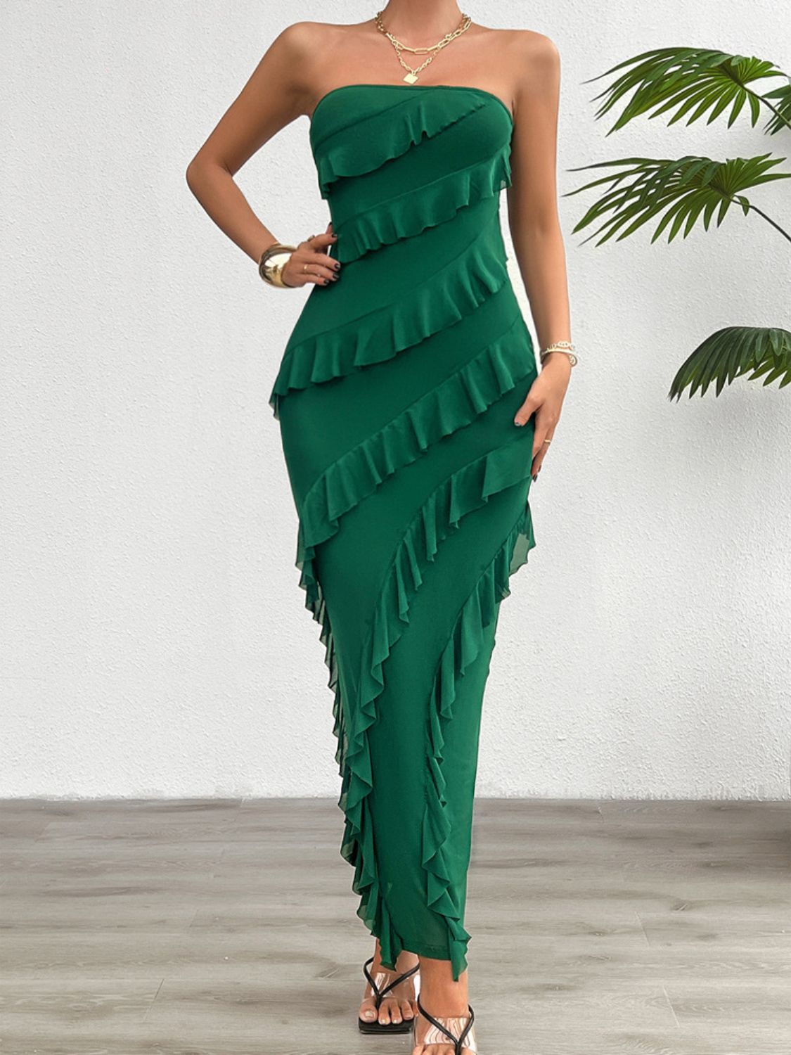 Devine Ruffled Slit Back Tube Maxi Dress - Ladyez
