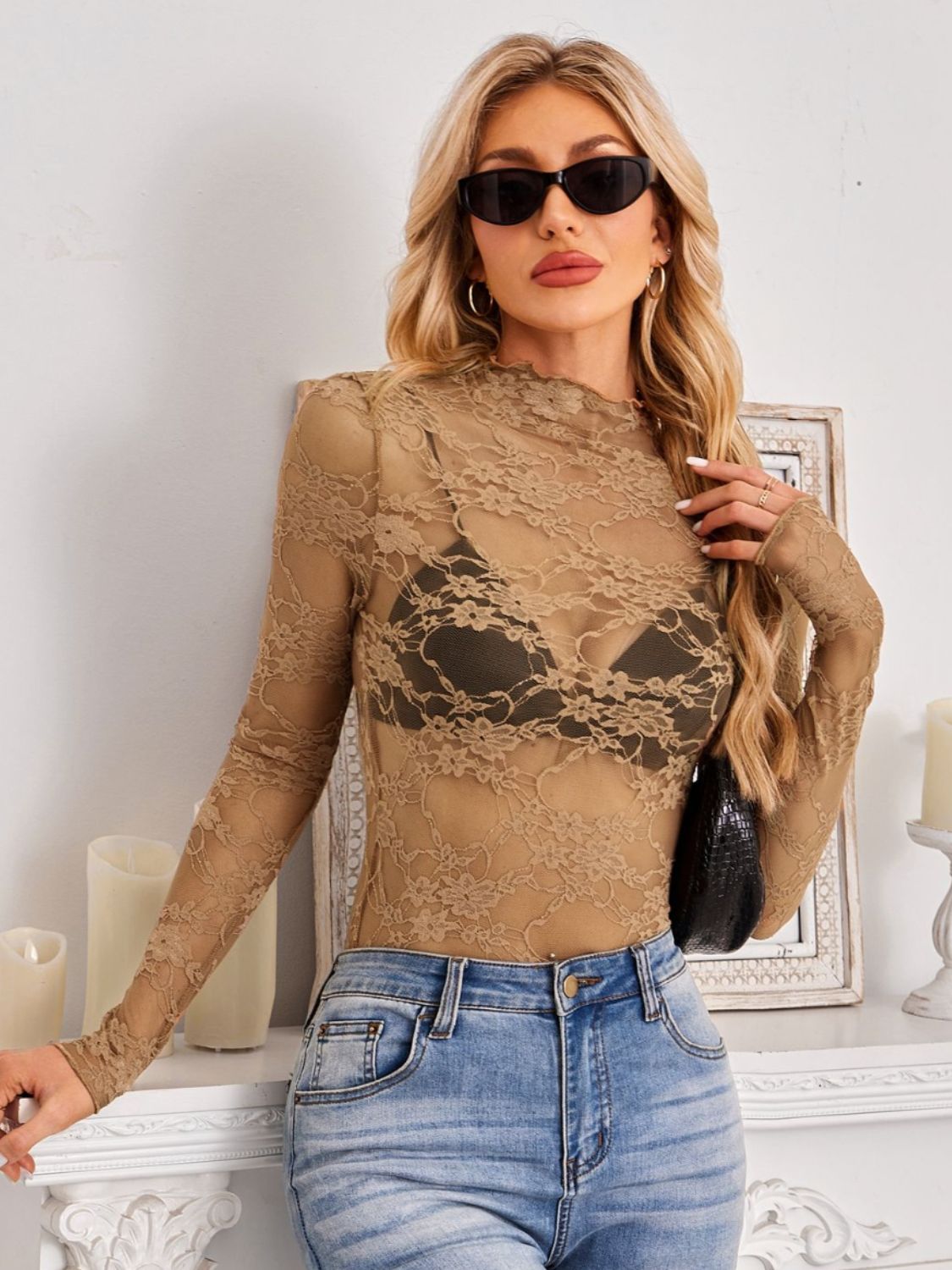 Mock Neck Long Sleeve Lace Sheer Top - Ladyez