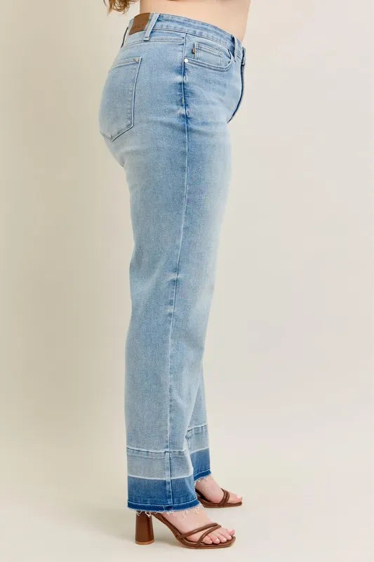Judy Blue Full Size Mr Release Hem Wide Leg Jeans Plus Size - Ladyez