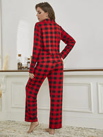Plaid Collared Neck Long Sleeve Top and Pants Lounge Set - Ladyez