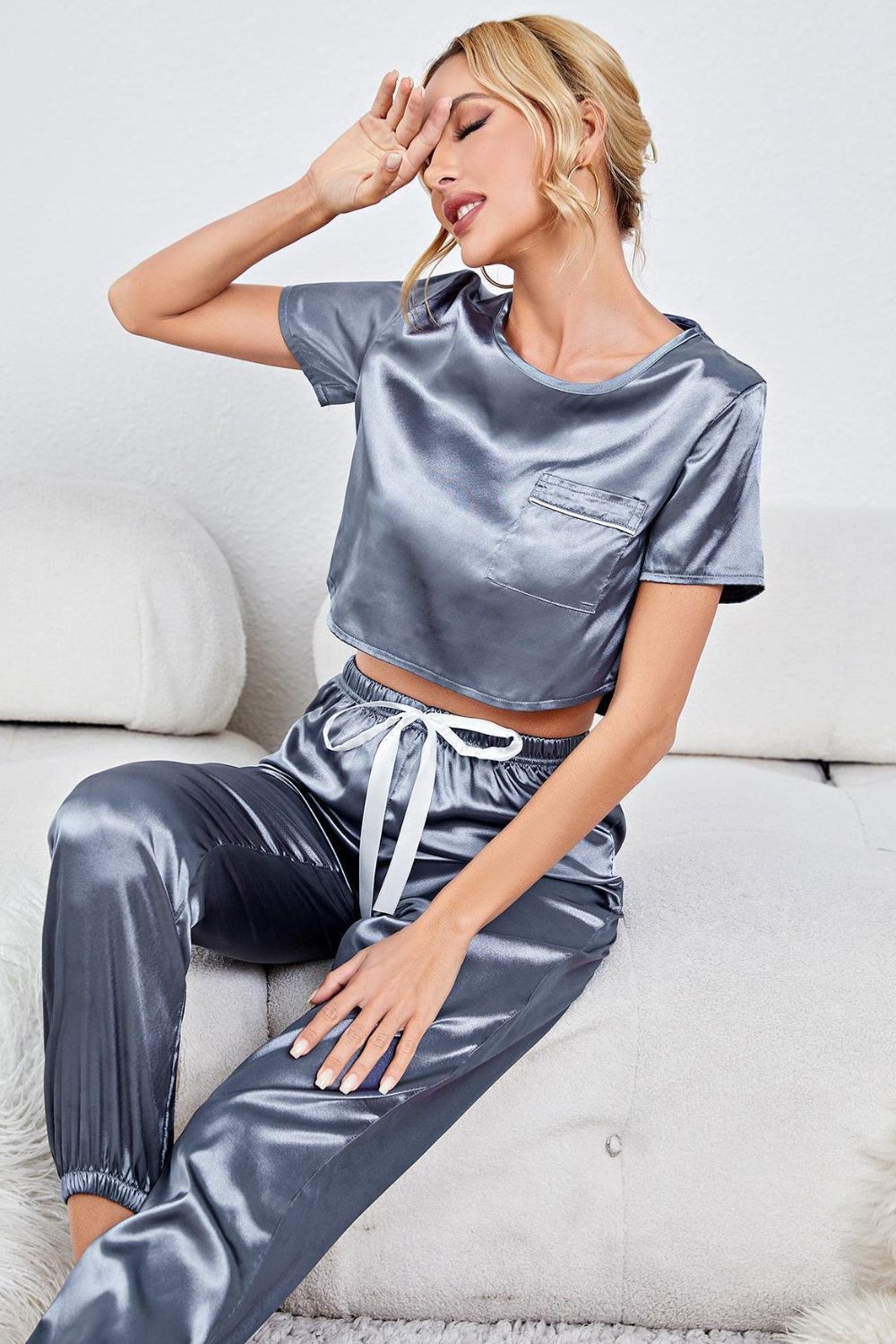 Satin Short Sleeve Crop Top and Joggers Lounge Set - Ladyez