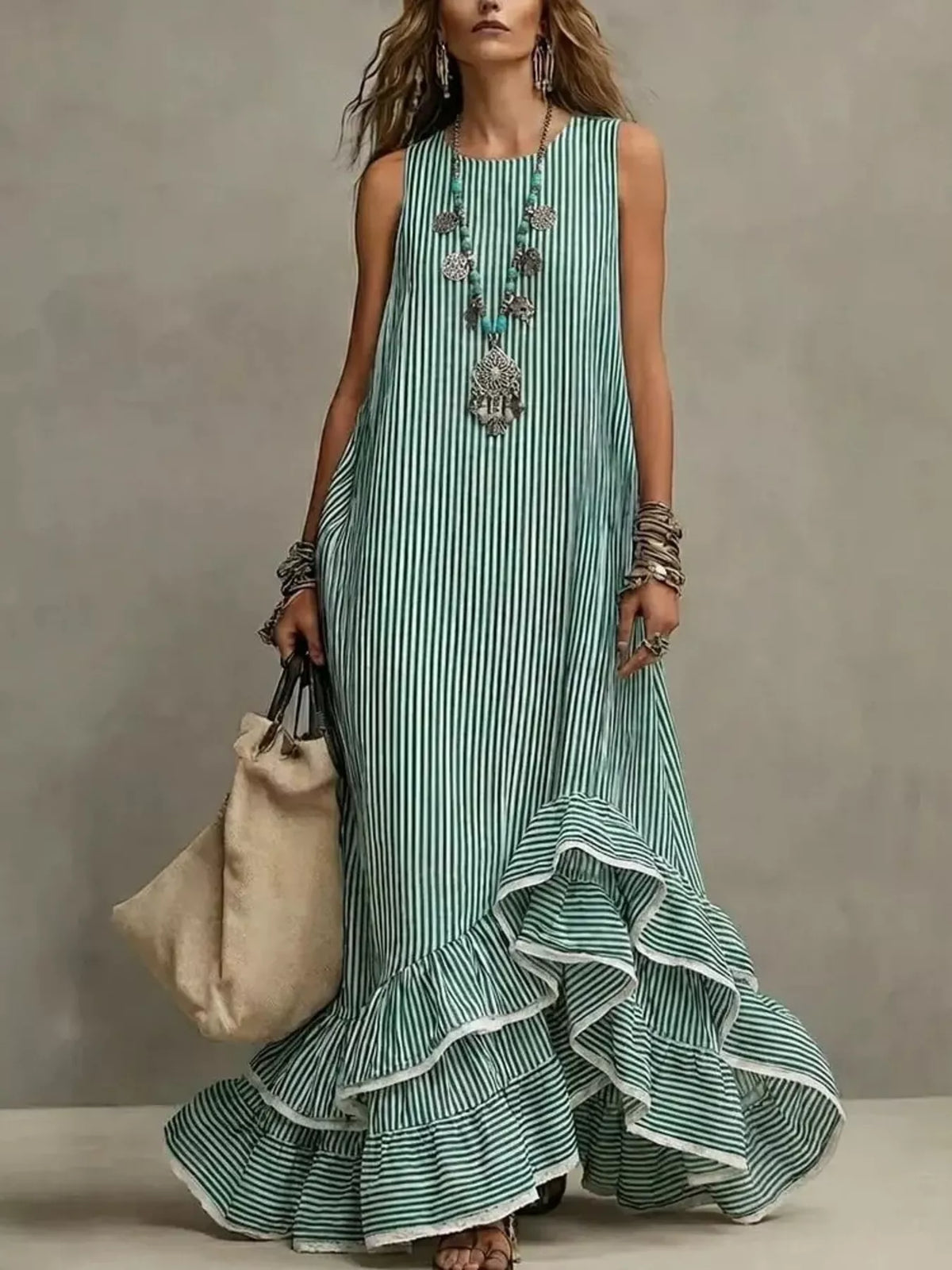 Striped Ruffle Hem Maxi Dress