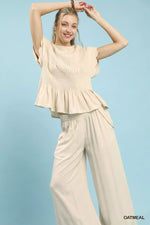 Umgee Linen Blend Smocked Peplum Blouse