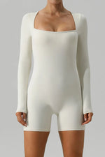 Square Neck Long Sleeve Active Romper - Ladyez